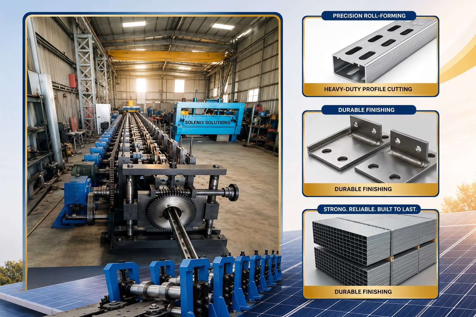 Solenix Solutions manufacturing — roll-forming line, profile cutting and finished channel stock